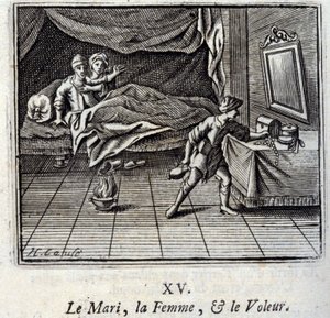 El marido, la mujer y el ladrón. Fábulas de Jean de La Fontaine. Ilustración de François Chauveau. Edición de 1728. de Francois Chauveau