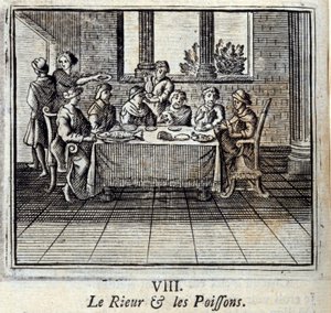 La risa y los peces. Fábulas de Jean de La Fontaine. Ilustración de François Chauveau. Edición de 1728.
