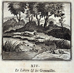 La liebre y las ranas. Fábulas de Jean de La Fontaine (1621-95). Ilustración de François Chauveau (1613-1676). Edición de 1728 de Francois Chauveau