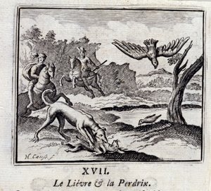 La liebre y la perdiz. Fábulas de Jean de La Fontaine (1621-95). Ilustración de François Chauveau (1613-1676). Edición de 1728 de Francois Chauveau