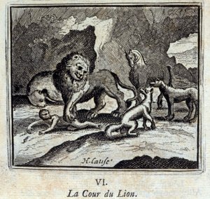 La corte del león. Fábulas de Jean de La Fontaine (1621-95). Ilustración de François Chauveau (1613-1676). Edición de 1728