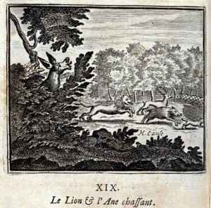El león y el burro cazando. Fábulas de Jean de La Fontaine (1621-95). Ilustración de François Chauveau (1613-1676). Edición de 1728 de Francois Chauveau