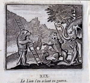 El león yendo a la guerra. Fábulas de Jean de La Fontaine (1621-95). Ilustración de François Chauveau (1613-1676). Edición de 1728 de Francois Chauveau