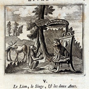 El león, el mono y los dos asnos. Fábulas de Jean de La Fontaine (1621-95). Ilustración de François Chauveau (1613-1676). Edición de 1728