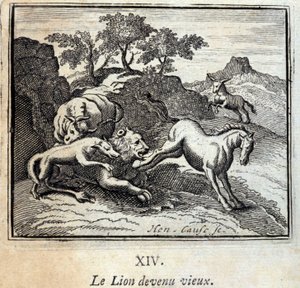El león envejecido. Fábulas de Jean de La Fontaine (1621-95). Ilustración de François Chauveau (1613-1676). Edición de 1728.