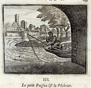 El pez pequeño y el pescador. Fábulas de Jean de La Fontaine (1621-95). Ilustración por François Chauveau (1613-1676). Edición de 1728. de Francois Chauveau