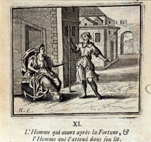 El hombre que corre tras la fortuna y el hombre que lo espera en la cama. Fábulas de Jean de La Fontaine (1621-95). Ilustración de François Chauveau (1613-1676). Edición de 1728