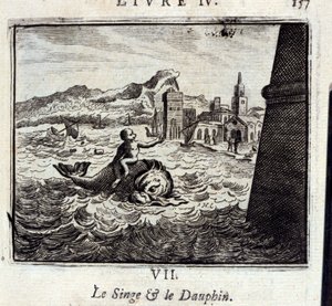 El mono y el delfín. Fábulas de Jean de La Fontaine. Ilustración de François Chauveau. Edición de 1728. de Francois Chauveau