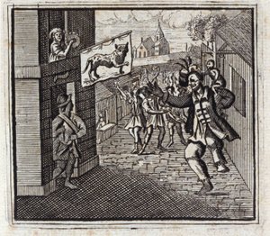 El mono y el leopardo. Fábulas de Jean de La Fontaine. Ilustración de François Chauveau. Edición de 1728.