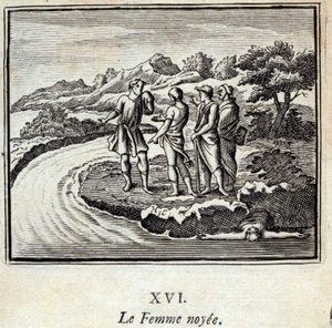 La mujer ahogada. Fábulas de Jean de La Fontaine (1621-95). Ilustración de François Chauveau (1613-1676). Edición de 1728. de Francois Chauveau