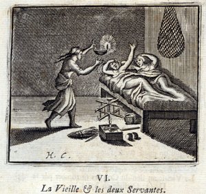 La anciana y los dos sirvientes. Fábulas de Jean de La Fontaine (1621-95). Ilustración por François Chauveau (1613-1676). Edición de 1728.