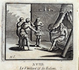 El anciano y sus hijos. Fábulas de Jean de La Fontaine (1621-95). Ilustración de François Chauveau (1613-1676). Edición de 1728. de Francois Chauveau