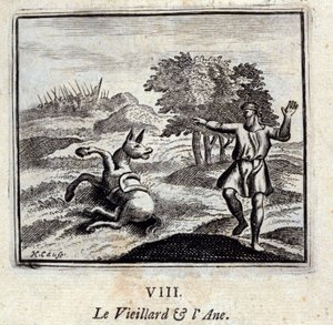 El viejo y el burro. Fábulas de Jean de La Fontaine (1621-95). Ilustración de François Chauveau (1613-1676). Edición de 1728 de Francois Chauveau