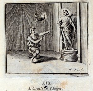 El oráculo y el impío. Fábulas de Jean de La Fontaine. Ilustración de François Chauveau. Edición de 1728.