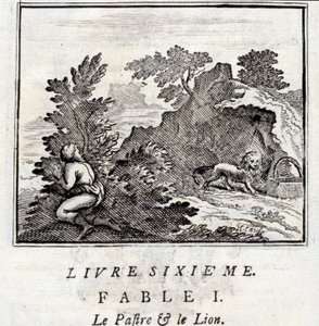El patra y el león. Fábulas de Jean de La Fontaine (1621-95). Ilustración por François Chauveau (1613-1676). Edición de 1728. de Francois Chauveau