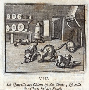 La querella de perros y gatos, y la de gatos y ratones. Fábulas de Jean de La Fontaine. Ilustración de François Chauveau. Edición de 1728.