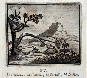 El cuervo, la gacela, la tortuga y la rata. Fábulas de Jean de La Fontaine (1621-95). Ilustración por François Chauveau (1613-1676). Edición de 1728. de Francois Chauveau