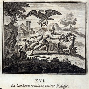 El cuervo queriendo imitar al águila. Fábulas de Jean de La Fontaine (1621-95). Ilustración de François Chauveau (1613-1676). Edición de 1728. de Francois Chauveau