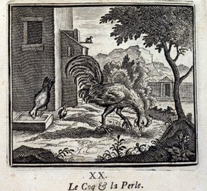 El gallo y la perla. Fábulas de Jean de La Fontaine (1621-95). Ilustración de François Chauveau (1613-1676). Edición de 1728 de Francois Chauveau