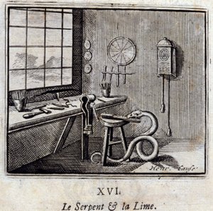La serpiente y la lima. Fábulas de Jean de La Fontaine (1621-95). Ilustración de François Chauveau (1613-1676). Edición de 1728
