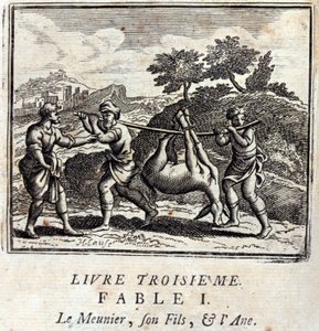 El tonto, su hijo y el burro. Fábulas de Jean de La Fontaine (1621-95). Ilustración de François Chauveau (1613-1676). Edición de 1728. de Francois Chauveau