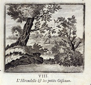La golondrina y los pajaritos. Fábulas de Jean de La Fontaine (1621-95). Ilustración de François Chauveau (1613-1676). Edición de 1728