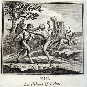 Los ladrones y el burro. Fábulas de Jean de La Fontaine (1621-95). Ilustración de François Chauveau (1613-1676). Edición de 1728. de Francois Chauveau