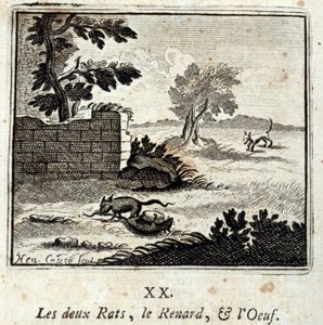 Las dos ratas, el zorro y el huevo. Fábulas de Jean de La Fontaine (1621-95). Ilustración de François Chauveau (1613-1676). Edición de 1728.