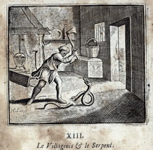 El aldeano y la serpiente. Fábulas de Jean de La Fontaine (1621-95). Ilustración de François Chauveau (1613-1676). Edición de 1728 de Francois Chauveau