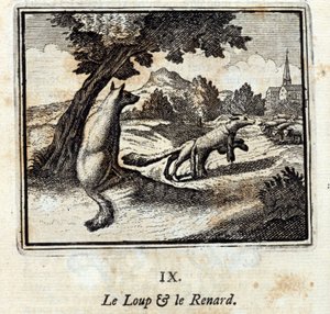 El lobo y el zorro. Fábulas de Jean de La Fontaine. Ilustración de François Chauveau. Edición de 1728.