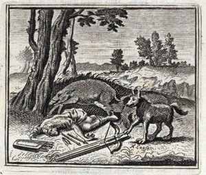 El lobo y el cazador. Fábulas de Jean de La Fontaine (1621-95). Ilustración de François Chauveau (1613-1676). Edición de 1728. de Francois Chauveau