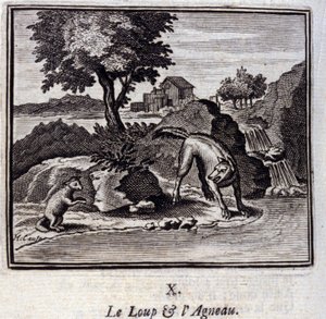 El lobo y el cordero. Fábulas de Jean de La Fontaine (1621-95). Ilustración de François Chauveau (1613-1676). Edición de 1728 de Francois Chauveau