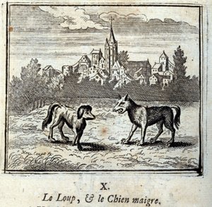 El lobo y el perro flaco. Fábulas de Jean de La Fontaine. Ilustración de François Chauveau. Edición de 1728.