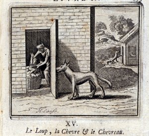 El lobo, la cabra y el cabrito. Fábulas de Jean de La Fontaine (1621-95). Ilustración por François Chauveau (1613-1676). Edición de 1728.