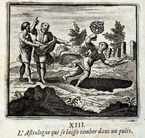El astrólogo que cae en un pozo. Fábulas de Jean de La Fontaine. Ilustración de François Chauveau. Edición de 1728.
