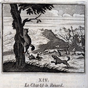 El gato y el zorro. Fábulas de Jean de La Fontaine. Ilustración de François Chauveau. Edición de 1728.