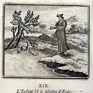 El niño y el maestro de escuela. Fábulas de Jean de La Fontaine (1621-95). Ilustración de François Chauveau (1613-1676). Edición de 1728