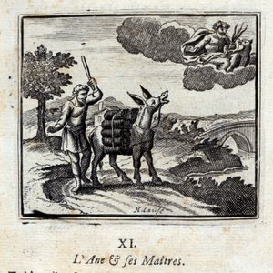 El burro y sus amos. Fábulas de Jean de La Fontaine (1621-95). Ilustración de François Chauveau (1613-1676). Edición de 1728