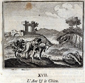 El burro y el perro. Fábulas de Jean de La Fontaine (1621-95). Ilustración de François Chauveau (1613-1676). Edición de 1728.
