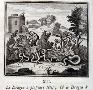 El dragón tiene varias cabezas y el dragón tiene varias colas. Fábulas de Jean de La Fontaine. Ilustración de François Chauveau. Edición de 1728.