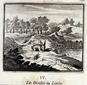 Las orejas de la liebre. Fábulas de Jean de La Fontaine. Ilustración de François Chauveau. Edición de 1728.
