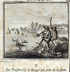 El pez y el pastor tocando la flauta. Fábulas de Jean de La Fontaine. Ilustración de François Chauveau. Edición de 1728.