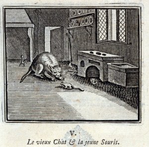 El viejo gato y el joven ratón. Fábulas de Jean de La Fontaine. Ilustración de François Chauveau. Edición de 1728.