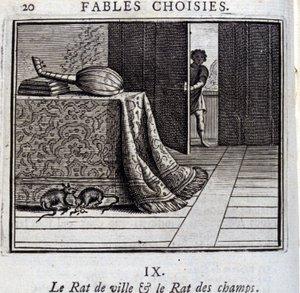 La rata de ciudad y la rata de campo. Fábulas de Jean de La Fontaine (1621-95). Ilustración de François Chauveau (1613-1676). Edición de 1728