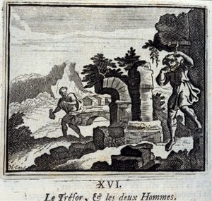 El tesoro y los dos hombres. Fábulas de Jean de La Fontaine (1621-95). Ilustración de François Chauveau (1613-1676). Edición de 1728 de Francois Chauveau