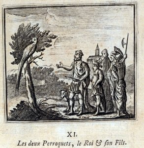 Los dos loros, el rey y su hijo. Fábulas de Jean de La Fontaine (1621-95). Ilustración de François Chauveau (1613-1676). Edición de 1728. de Francois Chauveau