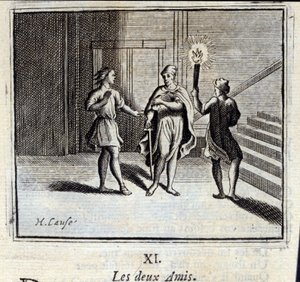 Los dos amigos. Fábulas de Jean de La Fontaine (1621-95). Ilustración de François Chauveau (1613-1676). Edición de 1728.