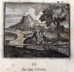 Los dos cabritos. Fábulas de Jean de La Fontaine (1621-95). Ilustración de François Chauveau (1613-1676). Edición de 1728.