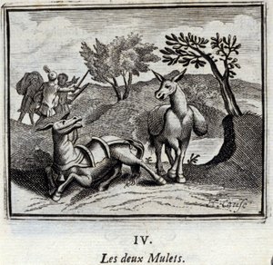 Los dos mulos. Fábulas de Jean de La Fontaine (1621-95). Ilustración de François Chauveau (1613-1676). Edición de 1728 de Francois Chauveau