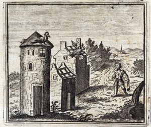 Los dos palomos. Fábulas de Jean de La Fontaine. Ilustración de François Chauveau. Edición de 1728.